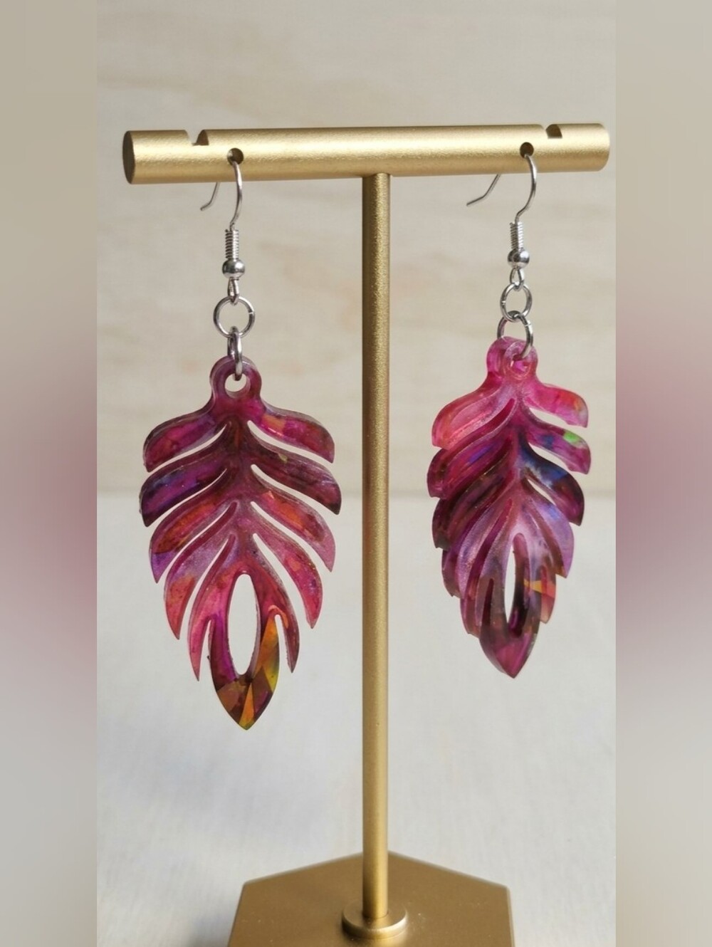 Magenta Feather / Monstera Leaf Resin Dangle Earrings | Hypoallergenic